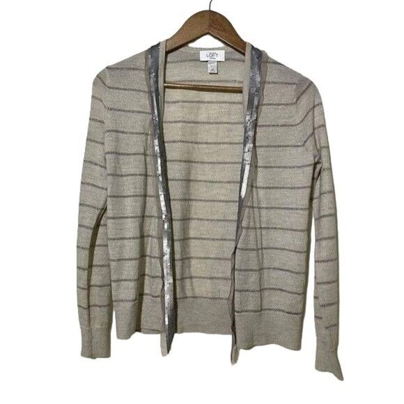 Loft Cardigan Women' sSmall Wool Blend Striped Long Sleeve Open Cardigan Beige - Picture 2 of 7